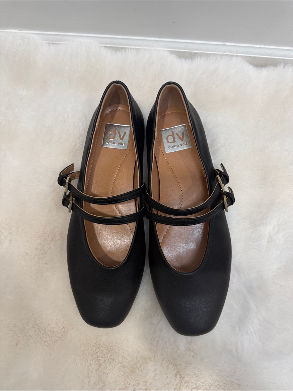 Dolce Vita Black Double-Strap Mary Jane Flats with Gold Buckles - Picture 2 of 5